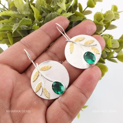 Oval Kunstdiamanten Grün Smaragd Edelstein Lang Handgefertigte Ohrringe 925 - Bild 1 von 4