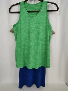 Lot of 2 Primary Racer Back Tank Top Child Size 14 Polyester Spandex Blue Green - Picture 1 of 7