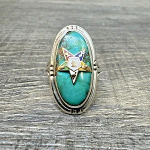 Vintage indianischer Türkis Orden des Oststerns Sterling Freimaurer Ring Größe 5 Navajo - Bild 1 von 7