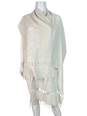 Oscar by Oscar de la Renta Shaw Wrap Scarf Raw Silk Ivory Embroidered Fringe - Image 1 of 4