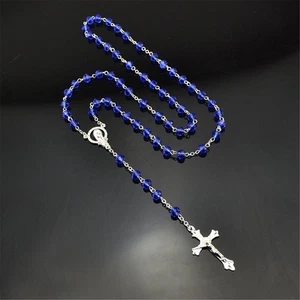 Bleu royal catholique Sainte Vierge cristal perle hommes argent collier chapelet - Picture 1 of 4