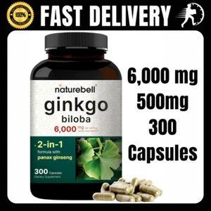 Ginkgo Biloba 6000mg & Red Panax Ginseng for Memory & Focus, 300 Capsules - Picture 1 of 7