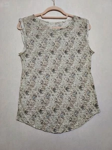 Ann Taylor Loft LINEN Top Sz S Raw Cap Sleeve Gray Floral Cottagecore Lagenlook - Bild 1 von 9