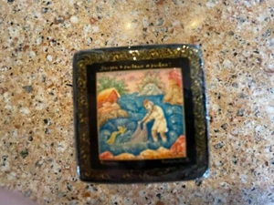 Vintage Russian Hand Painted Lacquer Fairy Tale Box - Man Fishing - Picture 1 of 7