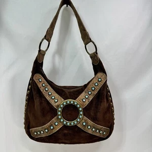 LR LEDEROCK Handtasche Schultertasche Hobo braun Wildleder verziert Schmuck und Messing - Bild 1 von 17