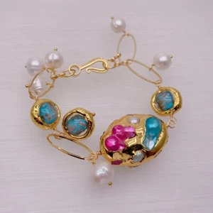 Multi Color Shell White Potato Pearl Blue Murano Glass Bracelet - Picture 1 of 3