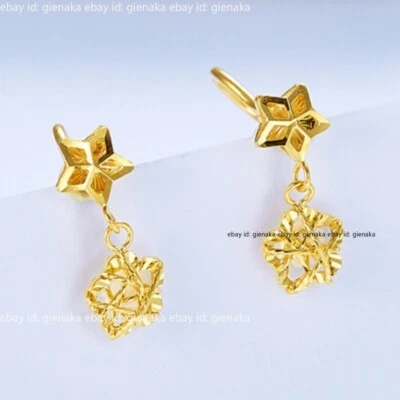 Aretes colgantes de oro amarillo puro 999 24K brillante estrella completa para mujer y hombre 1,4-1,6 g Foto 1 de 4