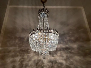 Antique Vintage Brass & Crystals Chandelier Lighting Fixture Ceiling Lamp 1960's - Picture 1 of 12