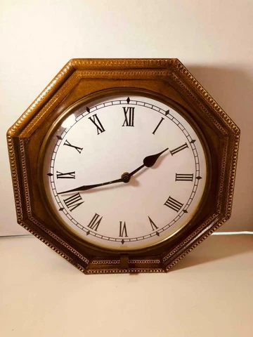 Vintage Octagon Wall Clock Gold Design on Leather Convex Glass 10" Cover