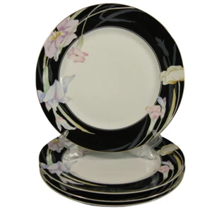 Mikasa Charisma Black Dinner Plates L9050 Lot of 4  Japan Black Rim Pink Flowers - Picture 1 of 4