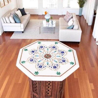 Mesa de centro octágona de mármol blanco de 12" con incrustaciones de piedra semipreciosa decoraciones de marquetería Foto 1 de 4