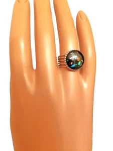 Opal Ring: Black Fire 14mm Resin Opal in Adjustable Fancy Stainless-Steel Band - Picture 1 of 4