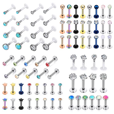 4-24Pcs 16G Lip Ring Stainless Steel Labret Studs Clear Retainer Tragus Earrings - Image 1 of 4