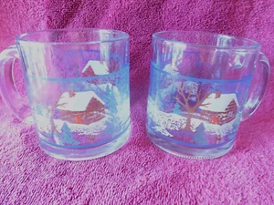 2  Vintage Tienshan Cabin in the Snow Large Heavy GLASS Mugs: Versatile! - Picture 1 of 5