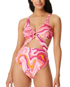 Jessica Simpson Women's Good Vibrations O-Ring One-Piece Swimsuit Pink Swirl L - Picture 1 of 2