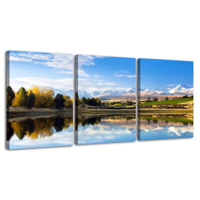 Lake Mountains Landscape Painting Set of 3 Pieces Wall Art HD Canvas Home Poster - Image 1 of 4