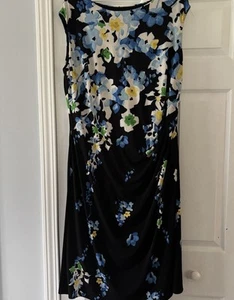 Lauren Ralph Lauren 16W Dress Black Blue Floral Sleeveless Ruche Midi Dress - Picture 1 of 12