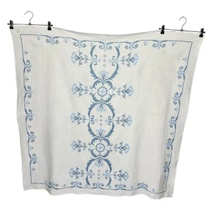 Vintage Handbestickte Kreuzstich Blumen Tischdecke Quadratisch Leinen Blau Creme - Bild 1 von 8
