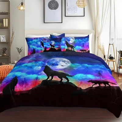 4pcs Wolf Comfoter Set Queen King Size, Evening Moon Wolf Howl Boys Bedding Set - Image 1 of 4