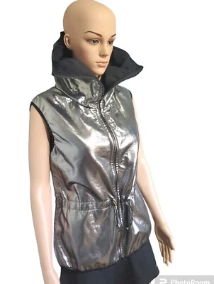 Nikolay Silver Vest M/L Metallic Zip Front High Collar Cinch Waist Grishko New - Image 1 of 4