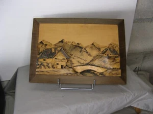 Ancienne sculpture sur bois signé R. Bas, Paysage d'Aix les bains - Imagen 1 de 11