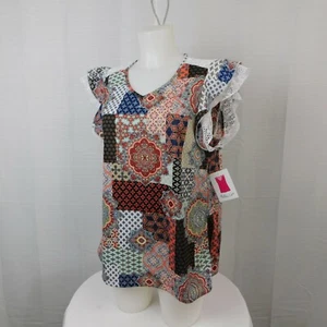 Bobbie Brooks Ruffled Flutter-Sleeve Lace-Detail Printed Top - Medium #1888 - Picture 1 of 5