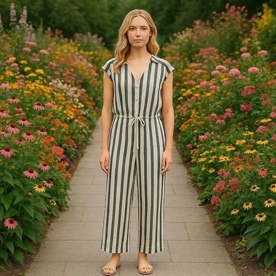 Trovata California Birds of Paradis 象牙色 灰色 条纹 亚麻 连衫裤 沿海 S — 第 1/4 张图片