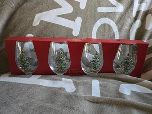 Spode Christmas Tree 19 Oz Stemless Wine Glasses 22 Karat Gold Rim Set Of Four 4 - Picture 1 of 4
