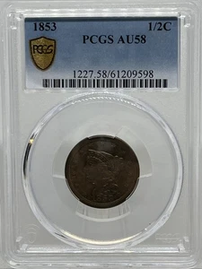 1853 Braided Hair Half Cent PCGS AU58 - Gold shield. Amazing Coin - Picture 1 of 7