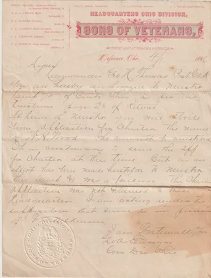 HEADQUARTERS OHIO DIVISION SONS OF VETERANS-DEFIANCE, OHIO 1886 LETTER - Image 1 of 3