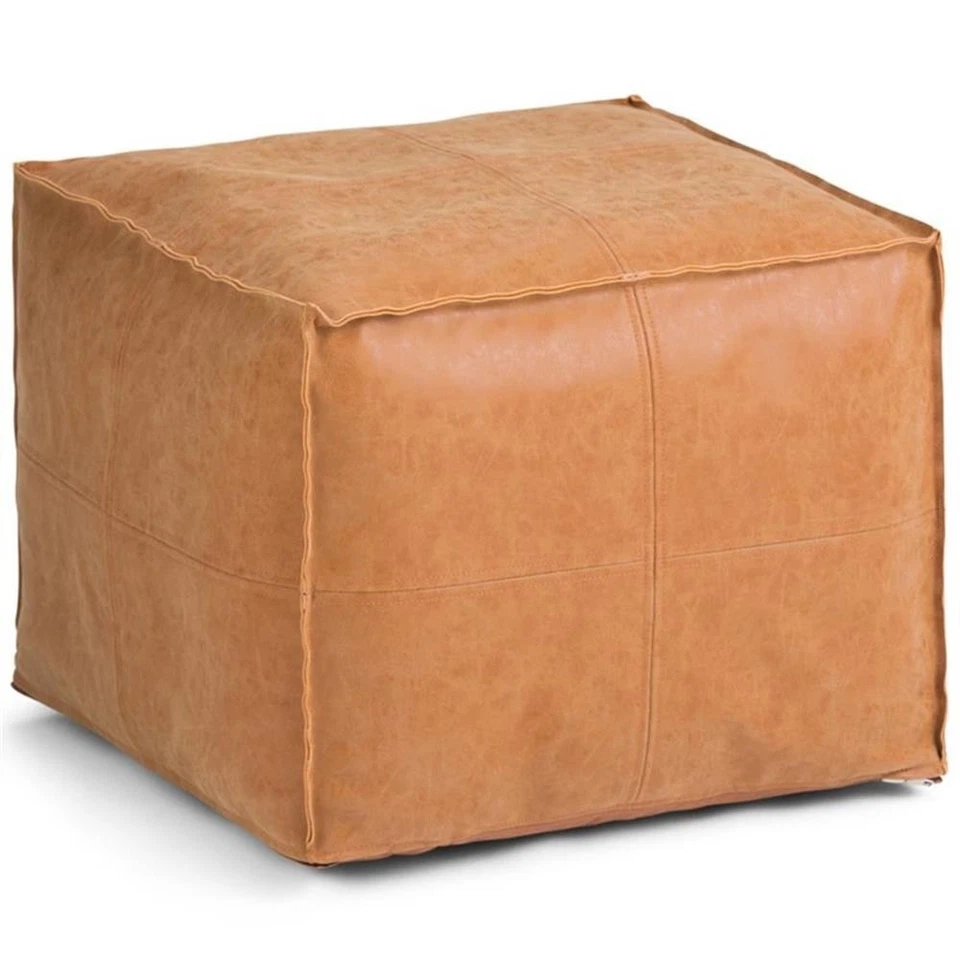 Maklaine Modern / Contemporary Square Pouf in Distressed Brown Faux Leather - Image 1 of 4