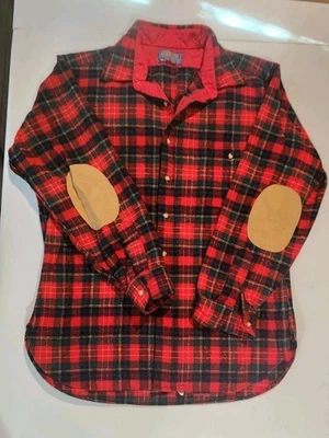 Pendleton Trail Shirt Elbow Patches Men's LargePlaid Flannel USA Virgin Wool Red - Image 1 of 4