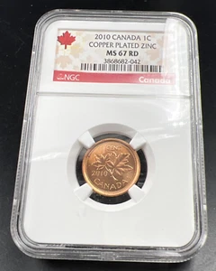 2010 1c Canada Copper Plated Zinc Non Magnetic NGC MS67 Gem BU Certified - Picture 1 of 9