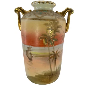Antique Nippon Porcelain Vase Handpainted Sunset Sailboat Palm Tree Harbor Scene - Picture 1 of 16