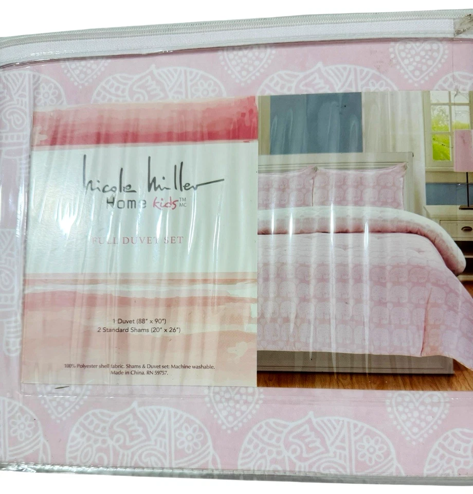 Nicole Miller Kids Girls Full Cotton 3 pc Duvet Cover Set Pink Elephant NEW - Image 1 of 4