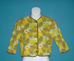 Vtg 60s Encore Fashions Cotton  Pique Knit Cropped Jacket Yellow Floral Sz XS/S - Picture 1 of 8