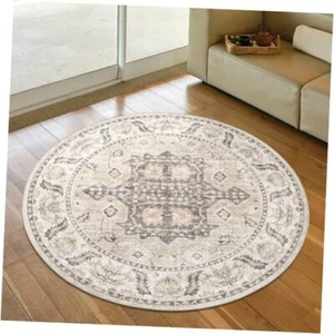 Round Rug 6ft Washable Area Rug, Vintage Rug Indoor Floor Cover 6*6 Beige Cream - Picture 1 of 8