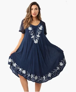 RIVERIA SUN Women's Embroidered Short Sleeve Dress 21764 Size S - Dark Denim - Picture 1 of 4