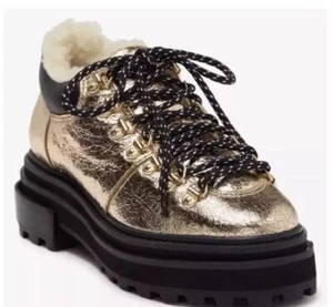 SCHUTZ Lucille Size 8 Boots Shearling Lace Up Hiker Booties Gold Leather - Picture 1 of 6