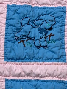 Vtg Handmade Baby Crib Quilt Hand Embroidered Squares Animals Pink Blue 35x44 - Picture 1 of 12