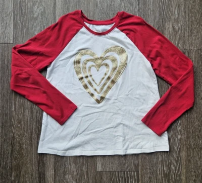 Land's End Girls M (10-12) Red White Raglan Long Sleeve Heart Graphic Tee Shirt - Image 1 of 4