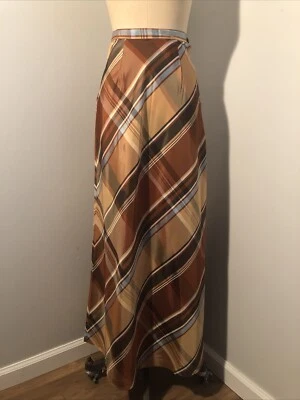 Vintage 70s Montgomery Ward Brown Plaid Taffeta A-line Maxi Skirt XS - Image 1 of 4