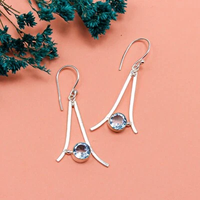 Gift For Her Sky Blue Topaz Drop/Dangle Earrings Silver Jewelry 1.45" - Image 1 of 4