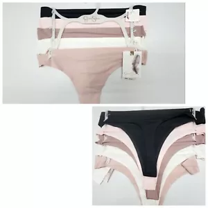 JESSICA SIMPSON 5 Pk Womens M L Logo Thong Panties Black Brown Beige Pink Cream - Picture 1 of 5