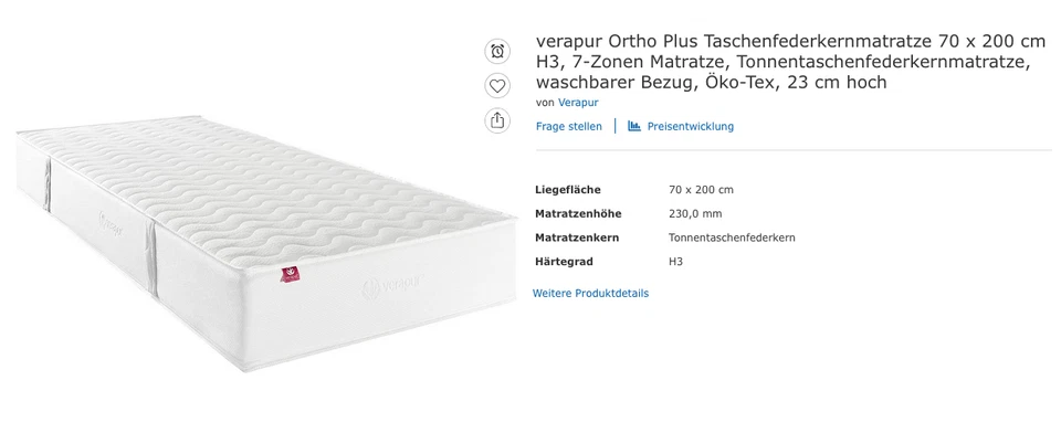 Verapur-Matratze Ortho-Plus, 70 x 200 cm H3 - Bild 1 von 1