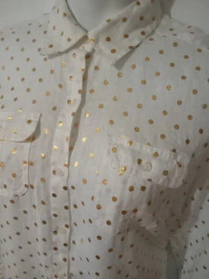CHARTER CLUB Women's XL Button Up Shirt Linen White Gold Polka Dots Long Sleeve  - Image 1 of 4