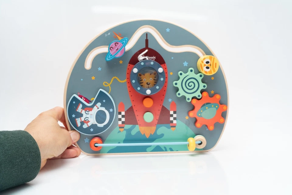 Tablero de actividades espaciales de madera clásico del mundo cohete barco motor fino juguete niños pequeños Foto 1 de 1