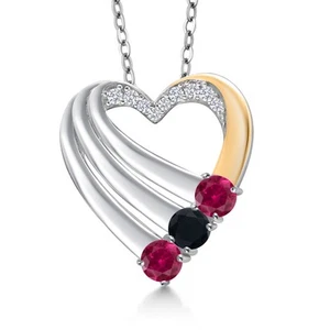 925 Silver and 10K Yellow Gold Created Ruby and Onyx and White Lab Grown - Picture 1 of 6