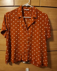 Lilysilk Top Womens M Brown 100% Mulberry Silk Button Up White Dots - Picture 1 of 6