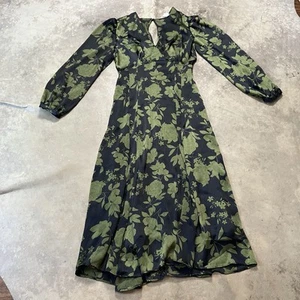 Mango Dress Womens Size 4 Green Floral Flowy Midi Puff Long Sleeve Lined - Picture 1 of 14